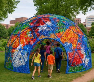 A geodesic dome made of blue PVC pipe filled with panels made from repurposed plastic caps. Five people are walking inside.